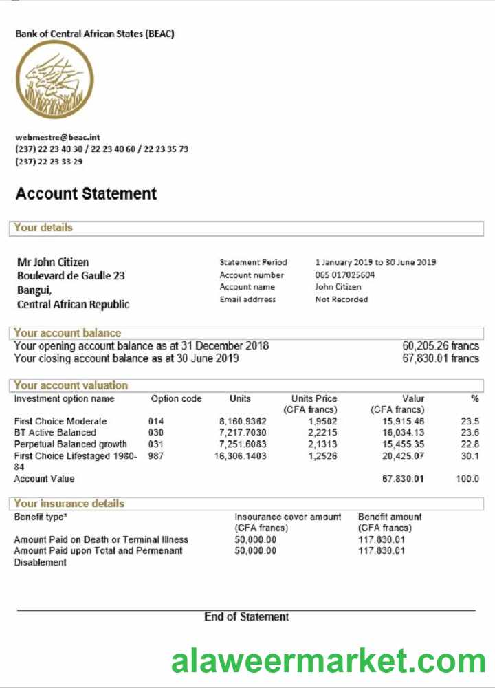 Central African Republic Bank of Central African States (BEAC) bank statement template